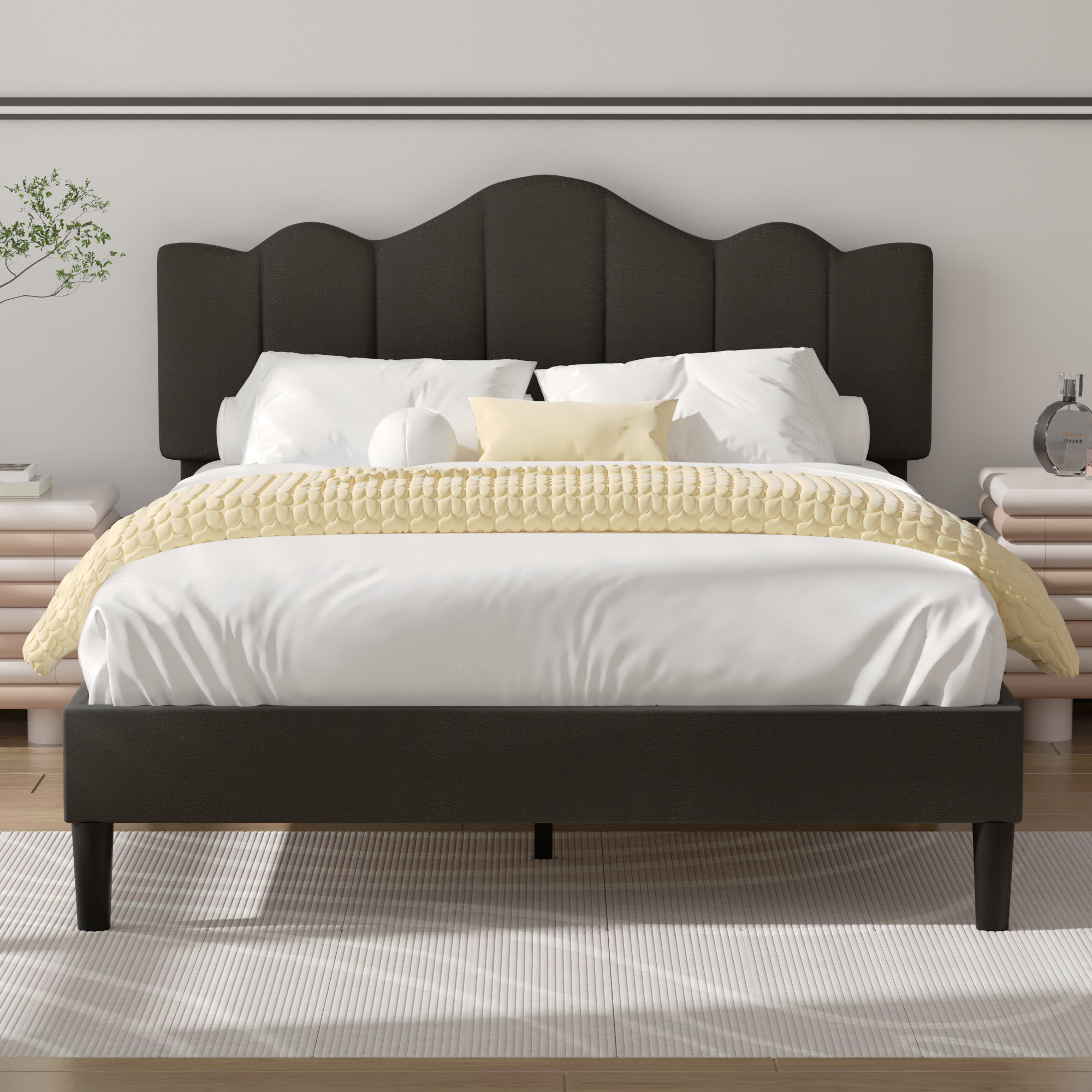 VECELO Upholstered Platform Bed Frame with Height-Adjustable Cotton an