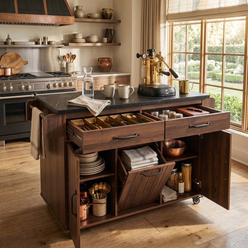 Îlot de cuisine l 44 po avec abattant, armoire à poubelle inclinable, chariot de cuisine roulant, armoire de rangement avec tiroirs, plateau en bois d'hévéa.