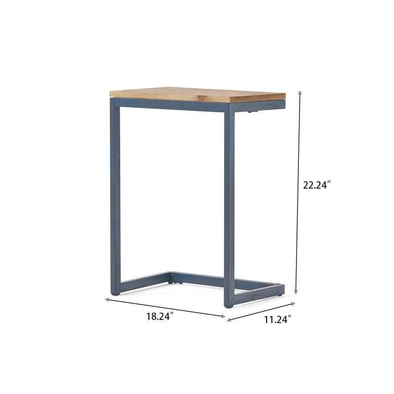 Table d'appoint industrielle en forme de C avec structure en métal et plateau en bois, H 25,52 po x l 18,24 po x P 12,77 po