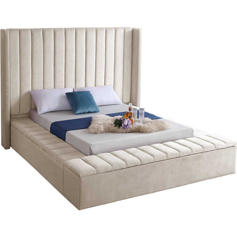 Rick Upholstered Wingback Bed, Full, Cream Velvet