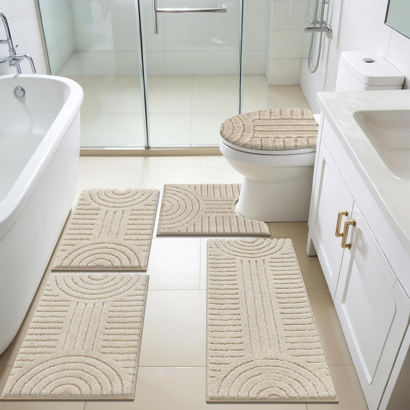 5 Piece Soft Absorbent Microfiber Bath Rug Set With Non-Slip Backing, Beige