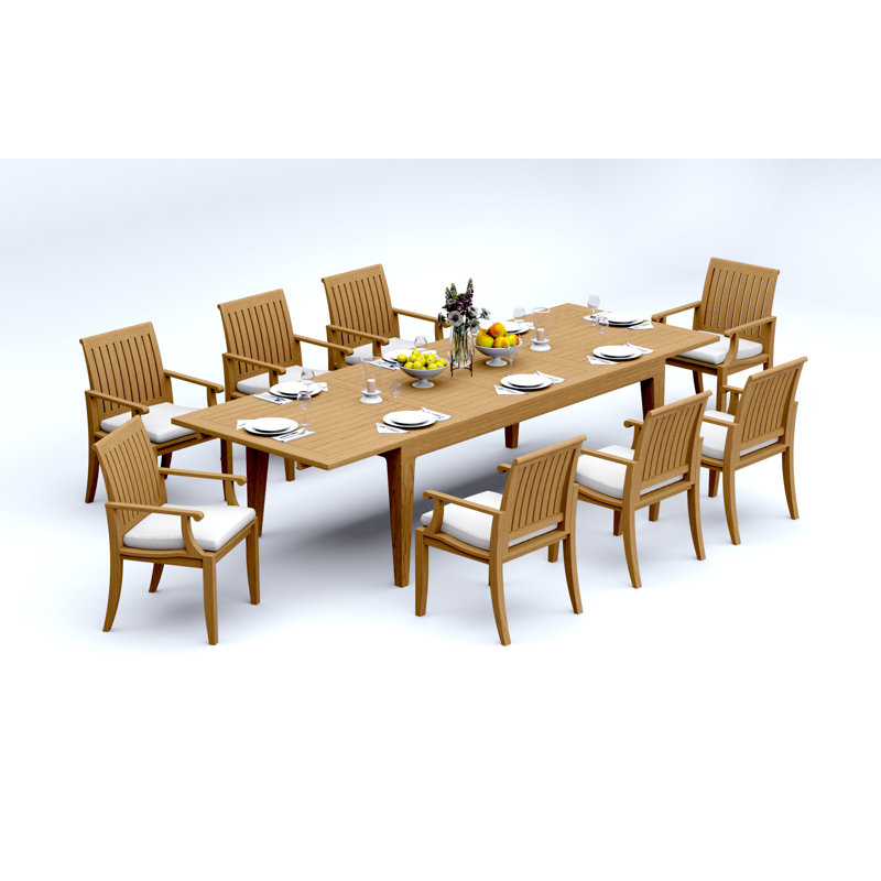 Ensemble de salle à manger 7 pièces en bois de teck de qualité A: table rectangulaire à double extension Caranas de 122 po et 6 chaises à accoudoirs Lagos # 11LG2906
