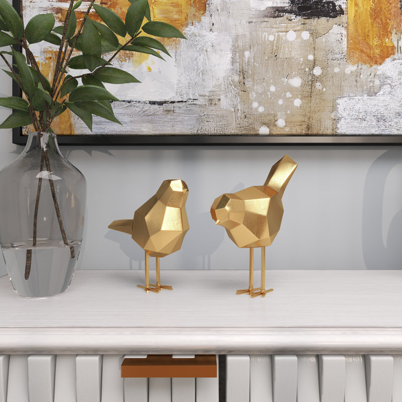 Glam Polystone Bird Decorative Sculpture with Origami Accents, Gold