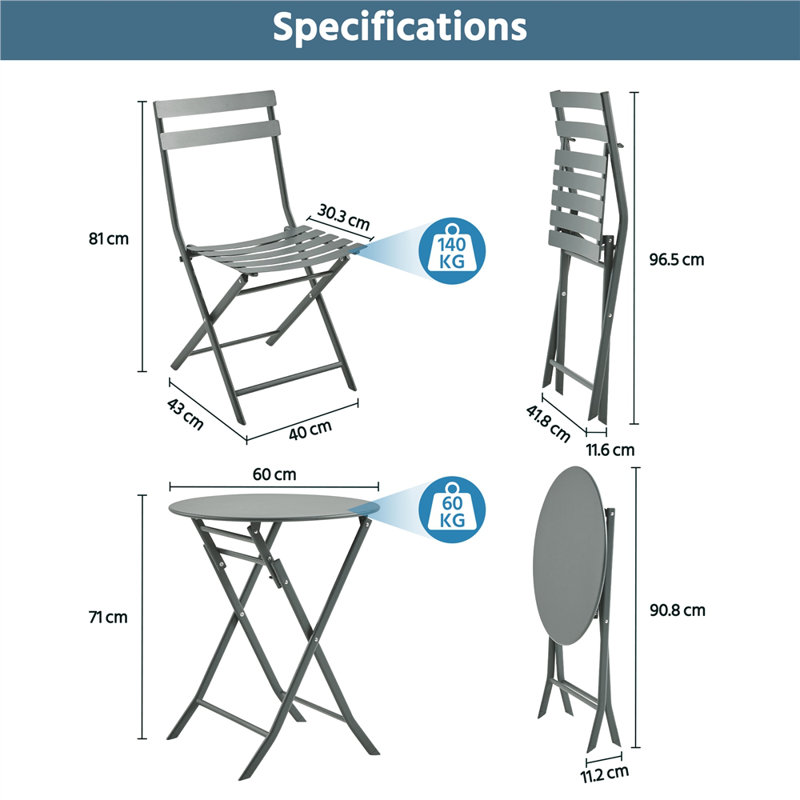 2 - Person Patio Dining Set with Round Table, Grey