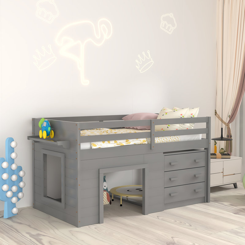 Gerick Twin Loft Bed With Drawer, Gray