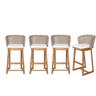 Outdoor Acacia Wood Bar Stools (4 Pcs), Teak Finish Bar Height Chairs With Beige Cushion & Light Brown Wicker Back, Counter Height Stools For Patio, Poolside, Kitchen Island