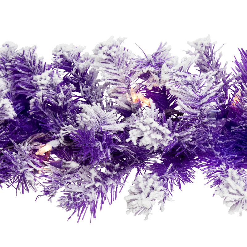 Pre-Lit Artificial Flocked Pine Christmas Garland - 9' - Clear Lights, Purple