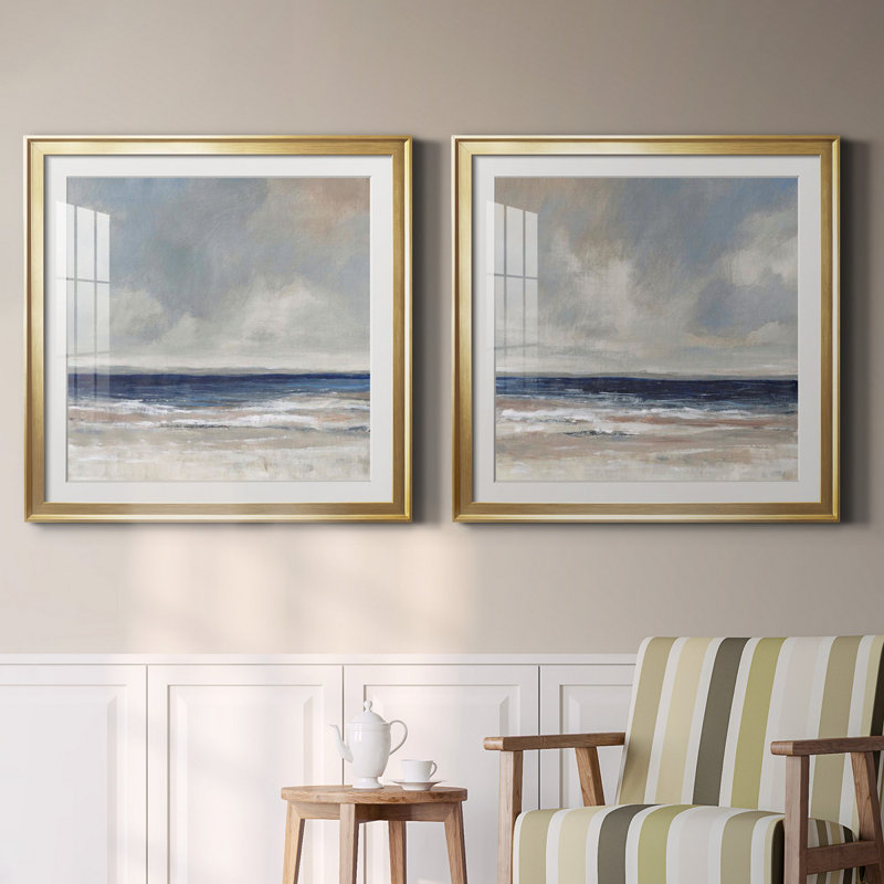 «Distant Land I», ensemble de 2 reproductions d'art encadrées, Papier encadré doré, H 26,5 po x l 53 po x P 1,5 po, Blanc