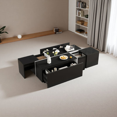 Table basse extensible, table basse multifonctionnelle avec finition ultrabrillante, table basse avec 2 espaces de rangement cachés et 2 tiroirs pour le salon