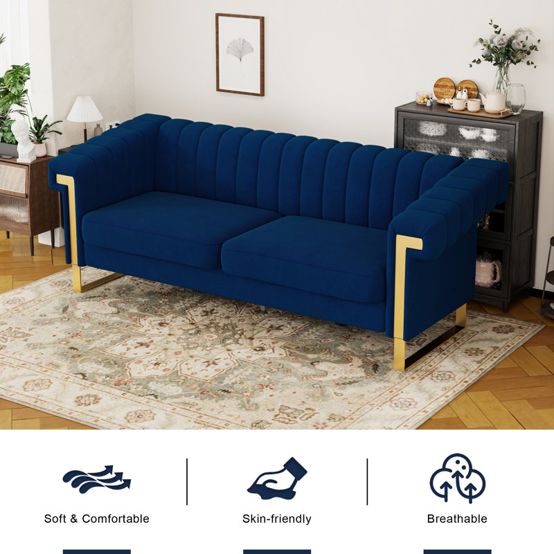 Maruin 83.86'' Velvet Sofa, Blue