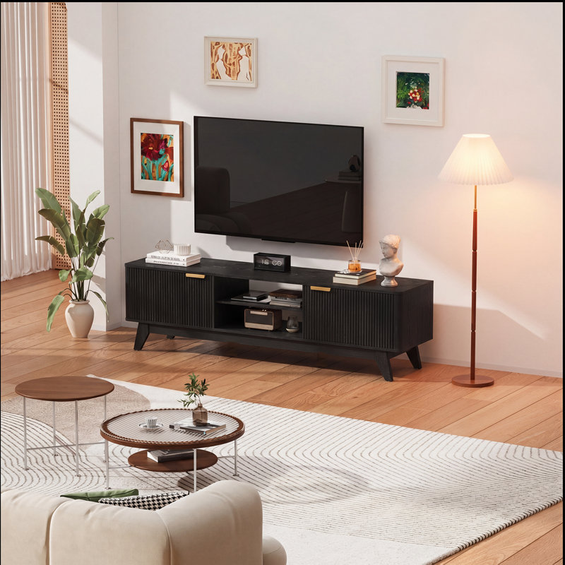 Meuble télé cannelé, console multimédia avec tablettes réglables et prise de courant, meuble audio-vidéo Mid-Century, 70 po