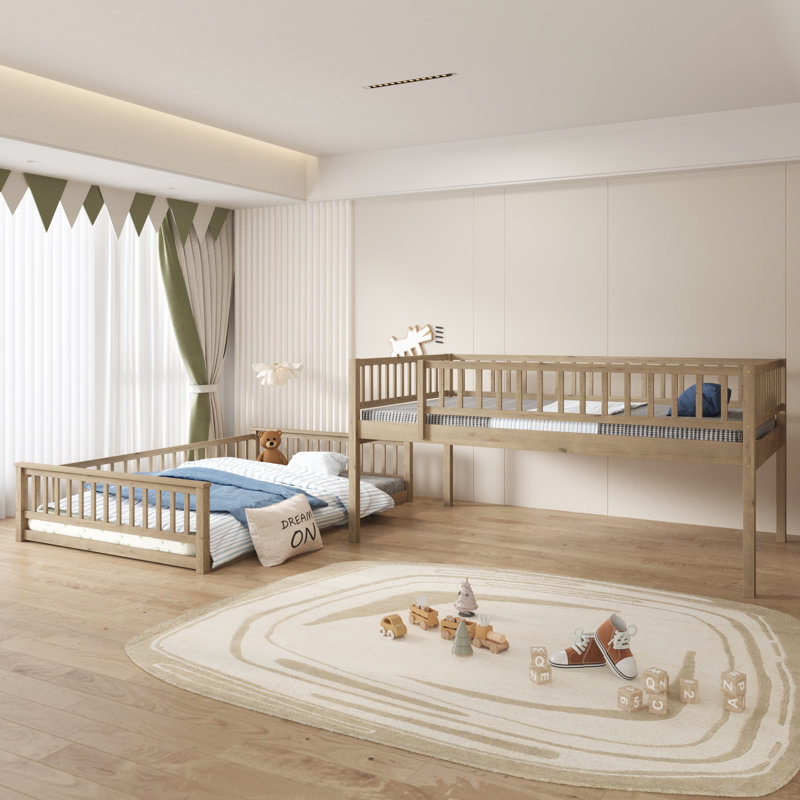 Lit superposé double au-dessus de grand lit double Treeti avec design détachable et bois de pin massif