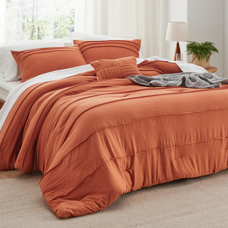 Ensemble d'édredon plissé en microfibre pré-lavé Best vendeur - 89GSM, Orange brûlé
