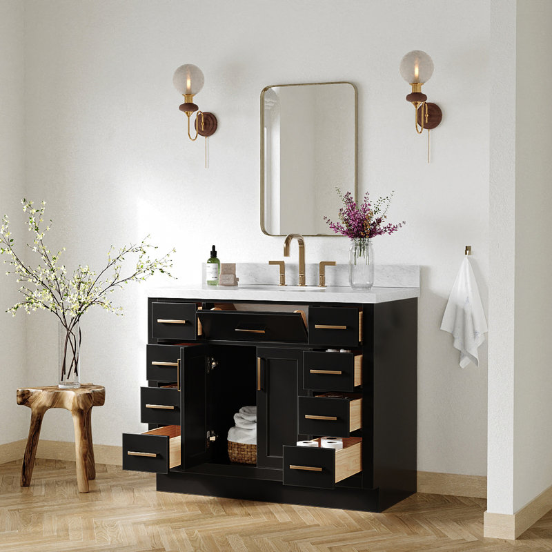 Meuble-lavabo simple en bois massif 42 po avec plateau en marbre Carrara de 1,5 po Thornaby, Noir / laiton satiné, Ovale