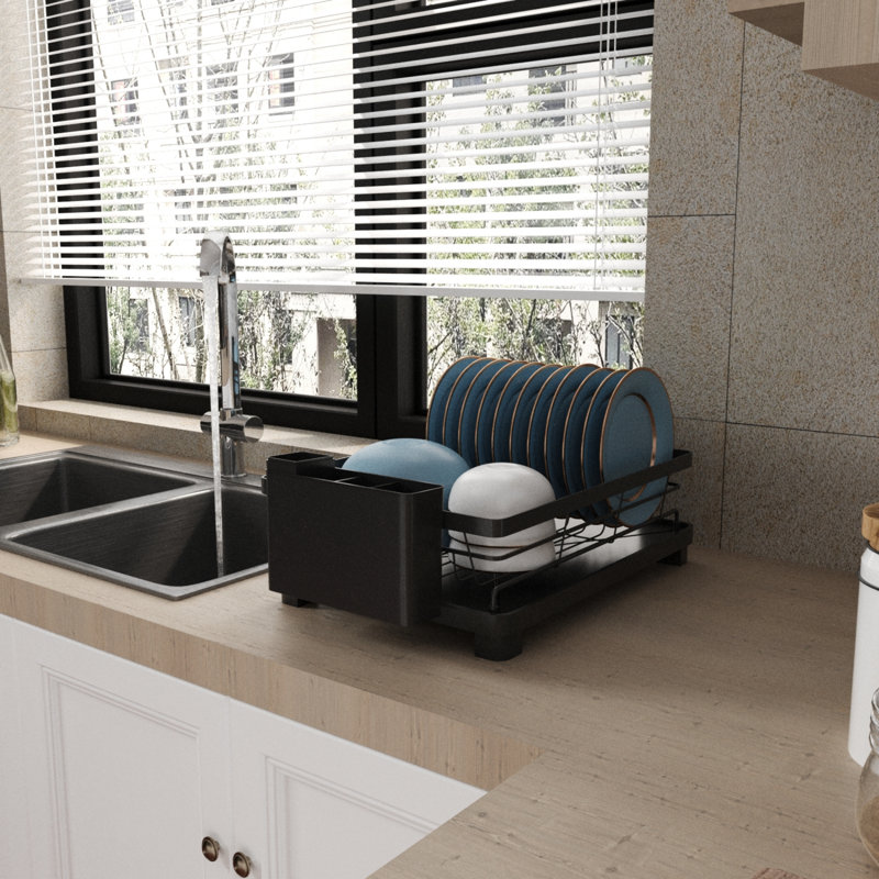 Large Capacity Sinkside Metal Dish Drying Rack With Removable Draining Board And Cutlery Holder