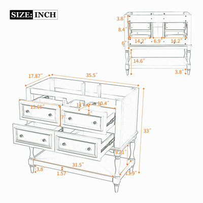 Armoire de salle de bain 36 po, ensemble de meuble-lavabo autoportant avec 4 tiroirs, structure en bois massif, blanc
