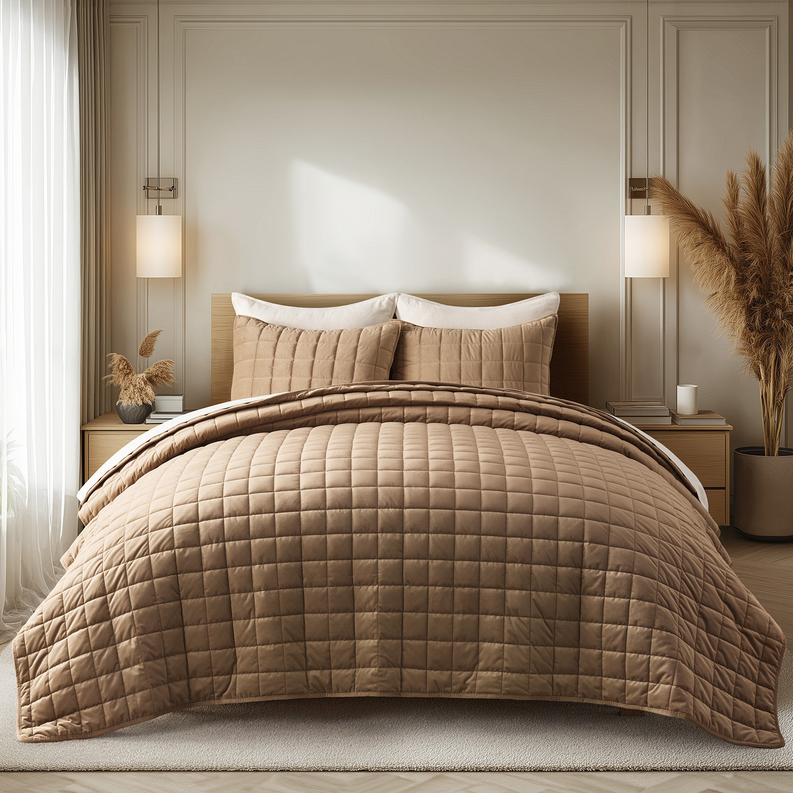 Box Stitch PearlVelvet Quilt set, King Quilt + 2 King Shams, Camel