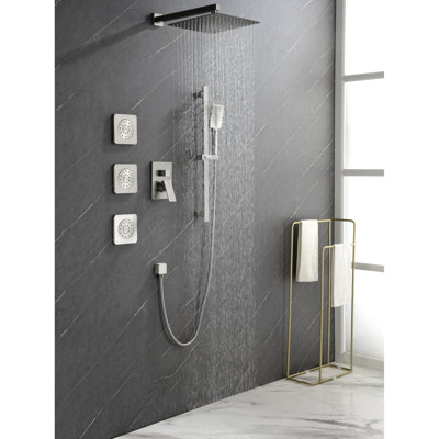 Bathroom Shower In Matte Black With 1/2" Connector System Construction: Rain Head, Hand Shower, Slide Bar, Bodysprays, Arm, Hose, Valve Trim