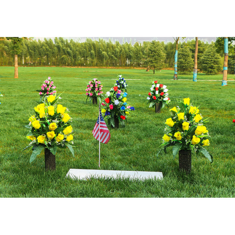 Yellow Silk Rose Cemetery Bouquet with Black Vase Set