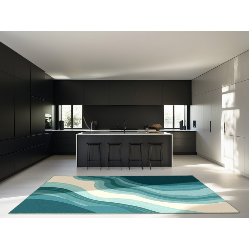 Tapis à motif abstrait tropical doux et moelleux bleu Olivet - reliure vert sauge, Rond 4 pi
