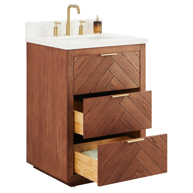 Meuble-lavabo simple autoportant à grain de bois 24 po avec plateau en quartz blanc pur Atilia, L 24 po