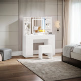 Kimrey Vanity Desk with Llight Sliding Mirror and 7 Drawers,  Makeup Vanity Table Set for Bedroom