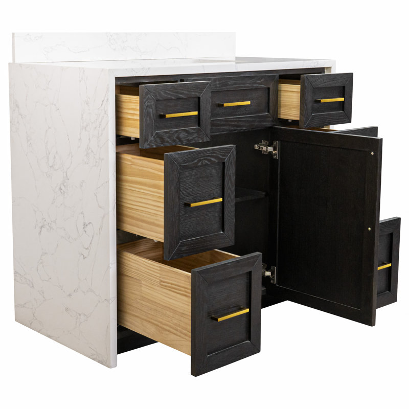Akalya 42'' Waterfall Bathroom Vanity with Engineered Stone Vanity Top, Dark Oak/White