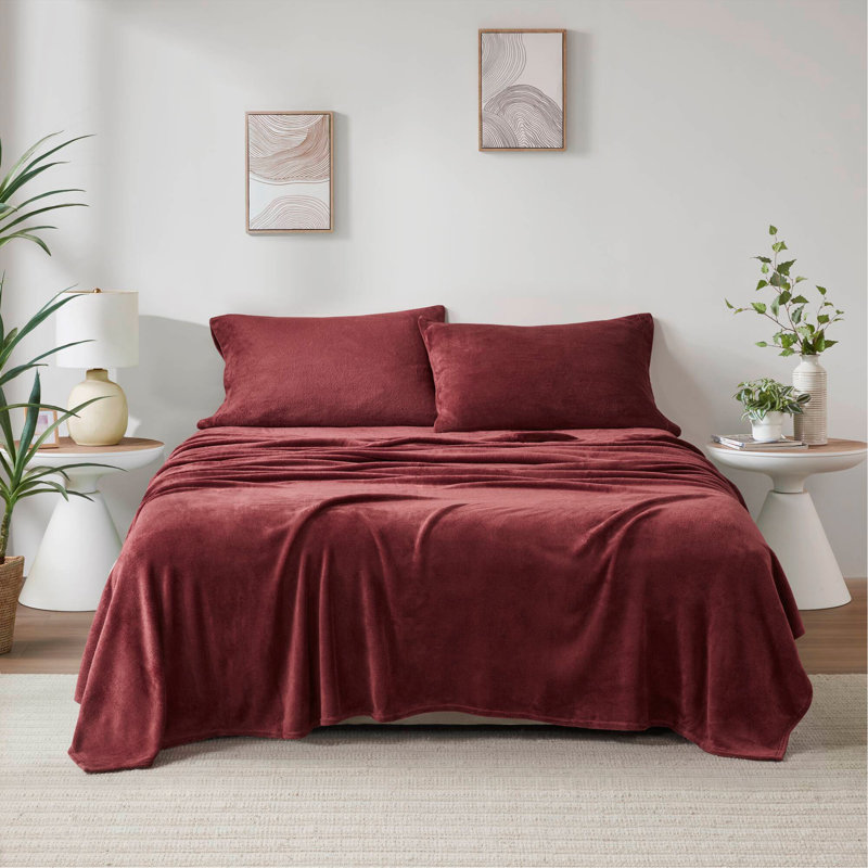 4 PCS Full Micro Plush Sheet Set Burgundy, Full Bedspread + 3 Additional Pieces, Burgundy