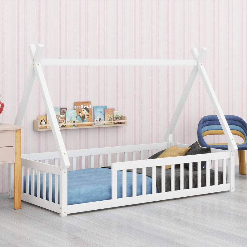 Creative Tent-Shaped Floor Bed With Secure Guardrails, White