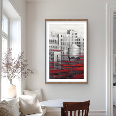Gris ville avec nuages rouges - reproduction encadrée avec passe-partout | Décoration intérieure