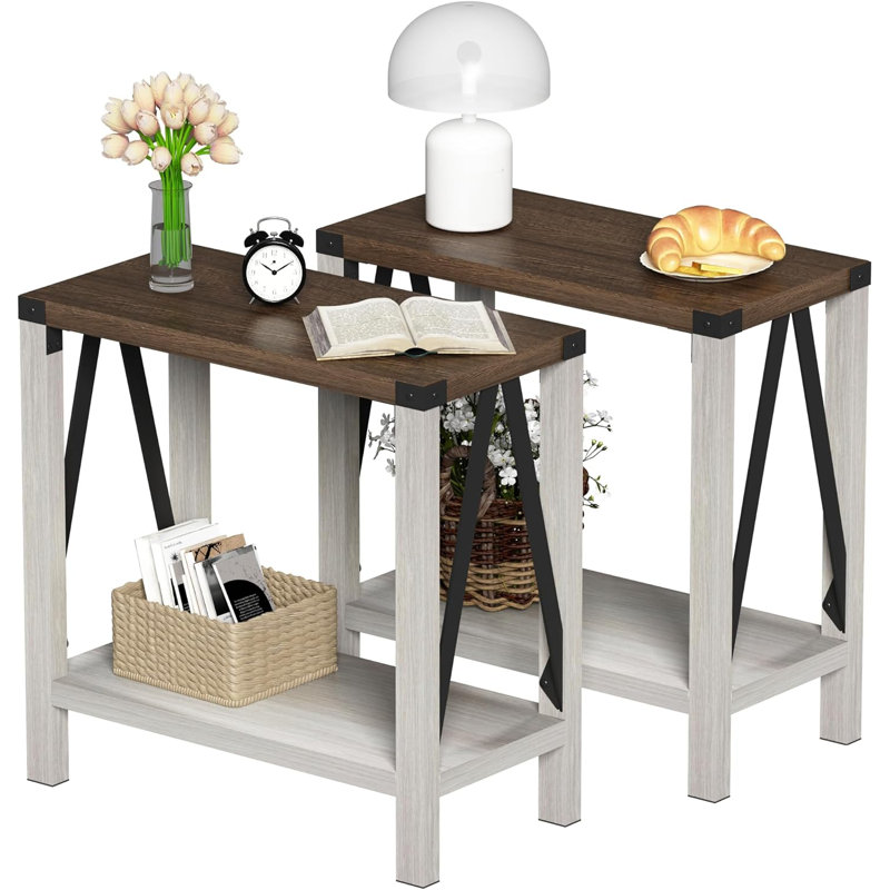 White and Brown Farmhouse Rectangular End Table Set with Storage Shelf