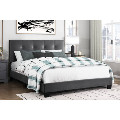 Grand lit en bois massif, revêtement en velours gris foncé, tête de lit ajustable, option tête