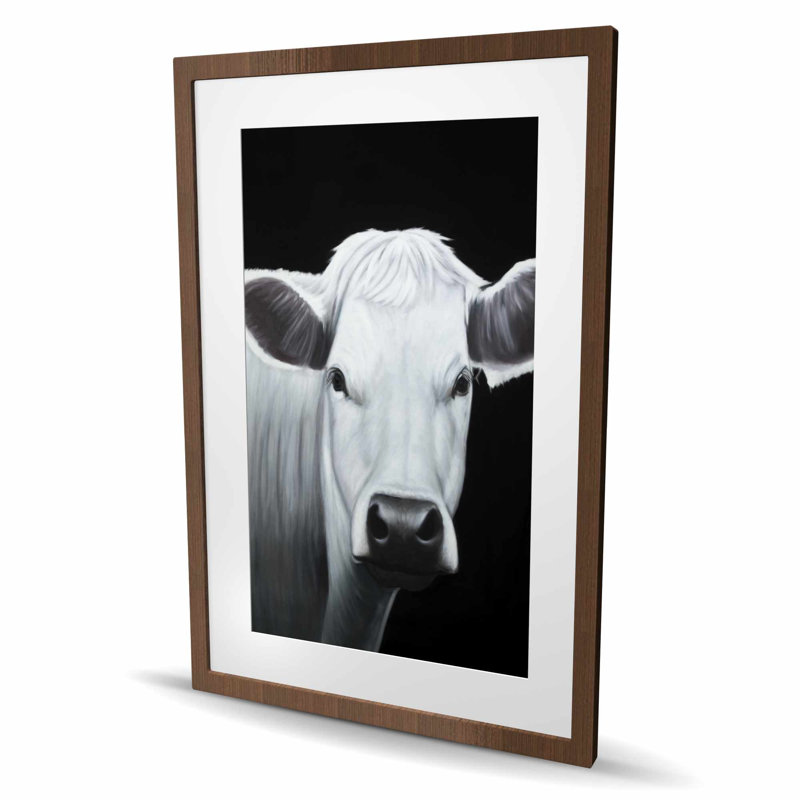 Vache - reproduction mate encadrée pour la décoration intérieure | Art animalier, H 36 po x l 24 po, Brun