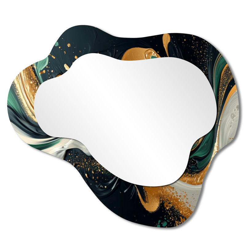 Miroir mural asymétrique abstrait doré et vert, imprimé sur métal, 25 po x 28 po
