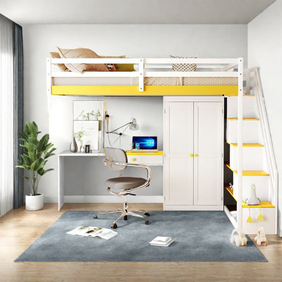 Space-saving White Wood Loft Bed With Storage And Multifunctional Design