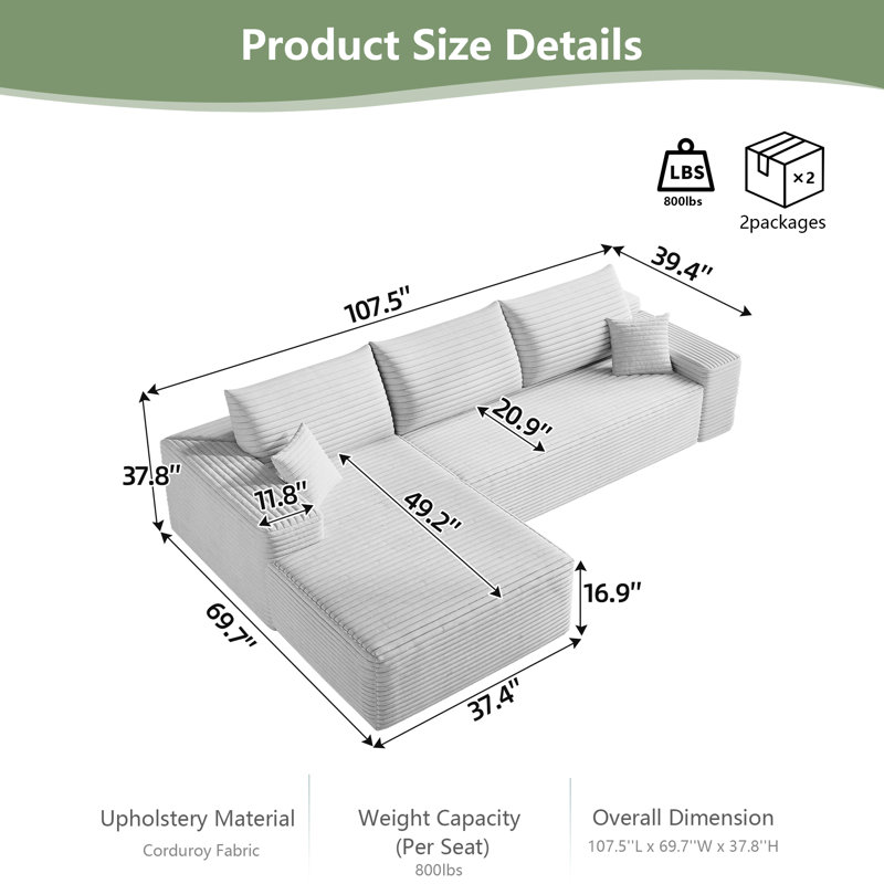 Boneless 107" Cloud L-Shape Sectional Sofa Plush Corduroy Fabric Modular Couch with Left Chaise, Deep Seat Upholstered Couches for Living Room, No Assembly Required