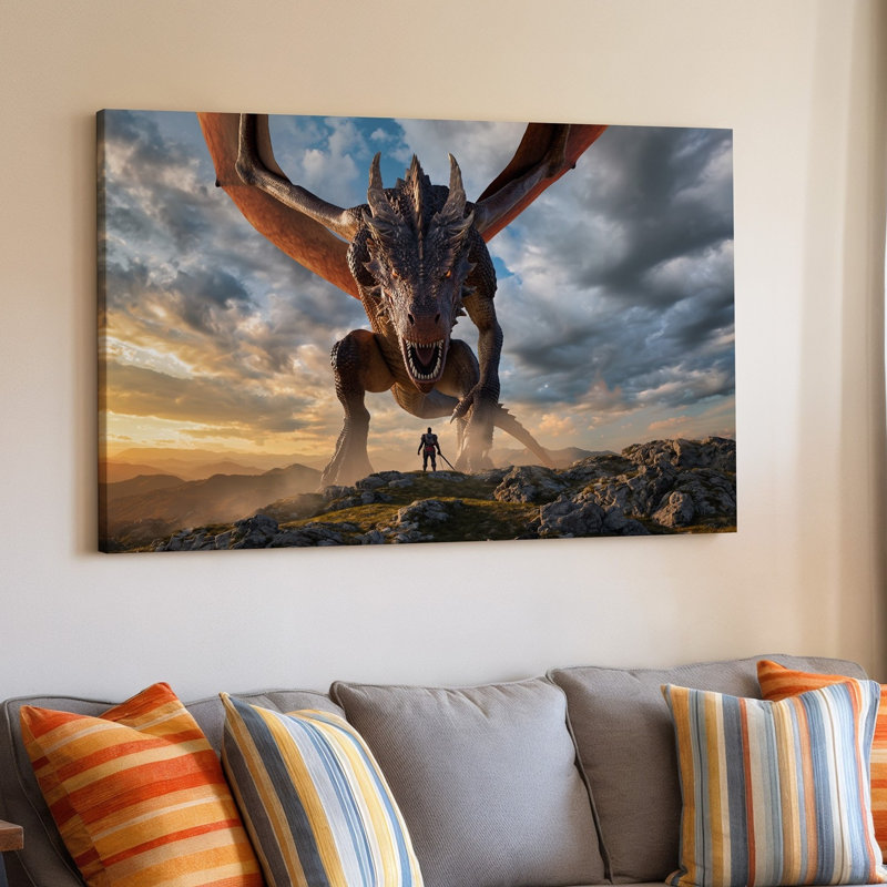 Toile, "Un dragon redoutable se profilant dans le ciel et ses échelles", art mural chatoyant dans des tons de bronze foncé et d'or