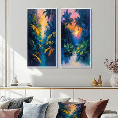 Ensemble de 2 pièces d'art mural vert palmier tropical vert forêt paradis I - palmiers et palmiers