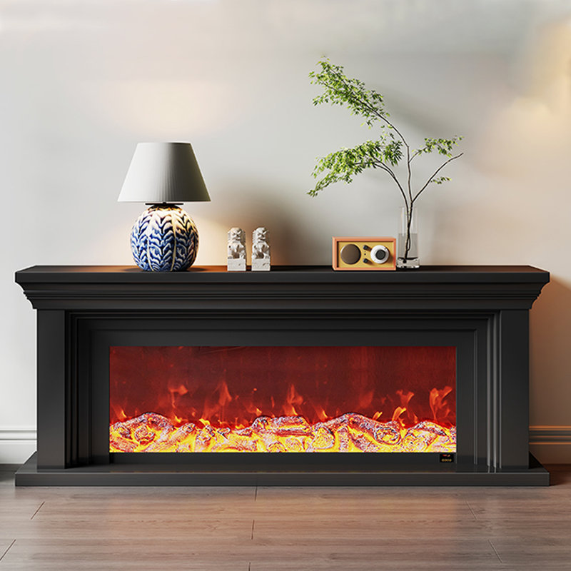Black Solid Wood TV Cabinet Fireplace, Black, 31.5" H x 70.87" W x 12.6" D