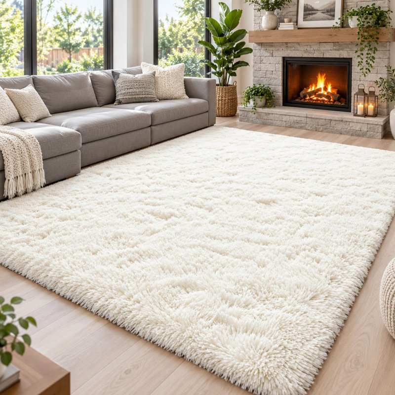 Tapis blanc crème à poils longs 8 pi x 10 pi avec mousse à mémoire de forme et envers antidérapant
