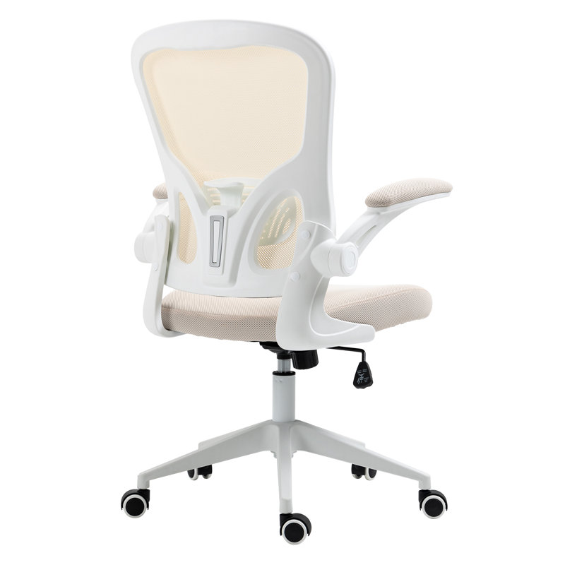 Modern Ergonomic Mid Back Mesh Office Chair with Adjustable Lumbar Support and Flip-Up Arms, White/Beige