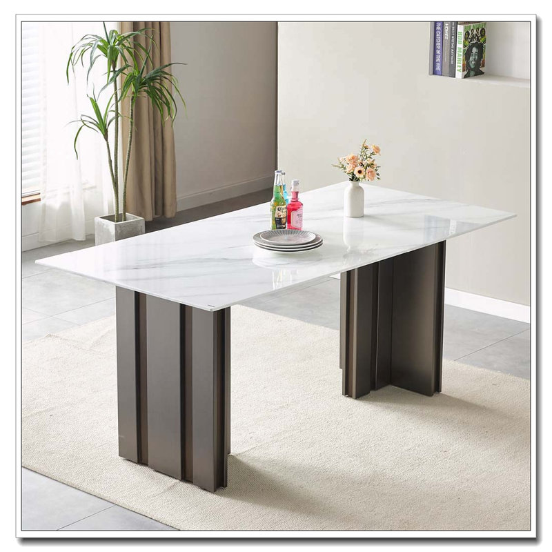 Table de salle à manger 69,30 po rectangulaire, verre trempé avec plateau de table en marbre, pieds de table brossés mat