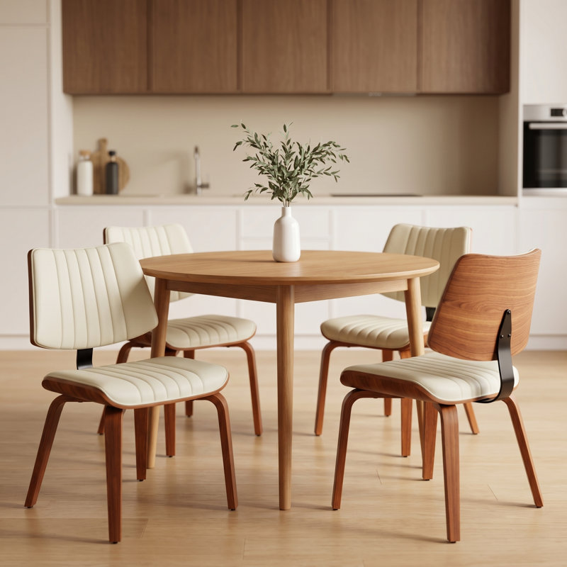 Modern Upholstered Faux Leather Dining Chairs with Walnut Bentwood Frame, 4, Beige
