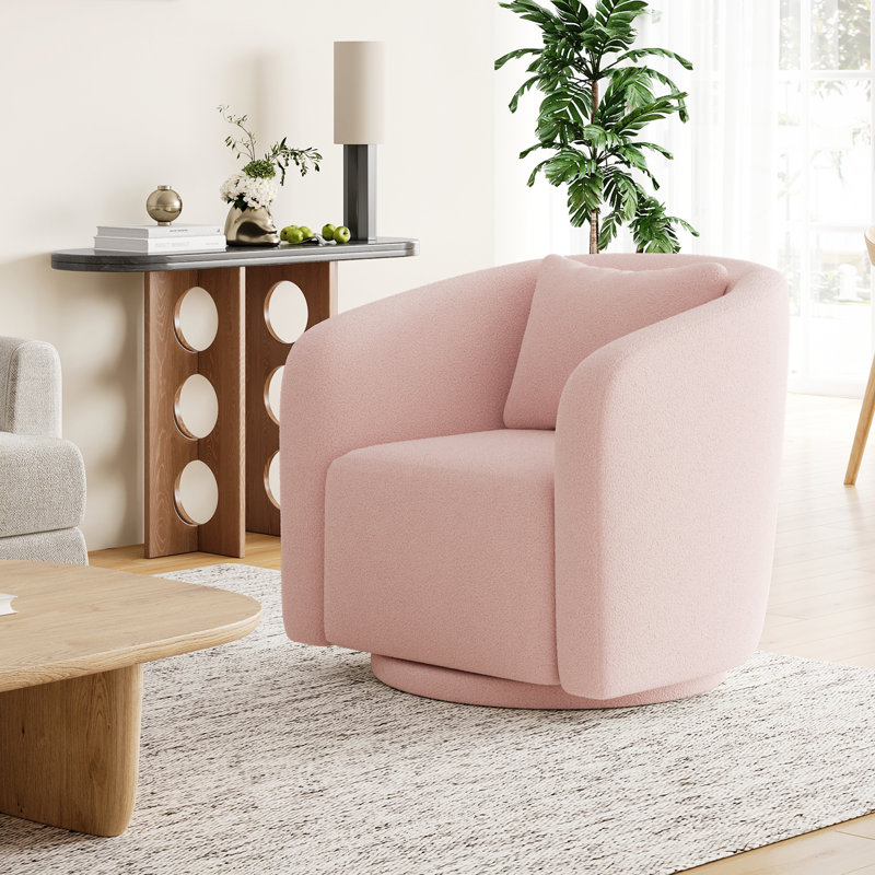 Boucle Polyester Upholstered Swivel Armchair, Pink