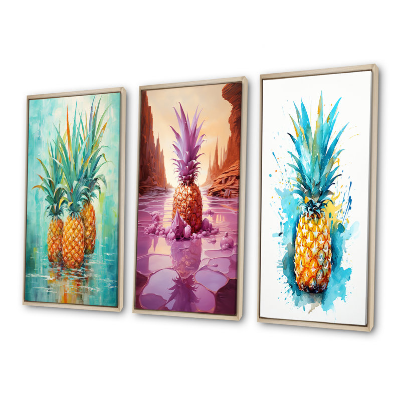 «Exotic Pineapple Oasis», ensemble de 3 reproductions d'art mural ananas, H 40 po x l 60 po, Cadre flottant brun