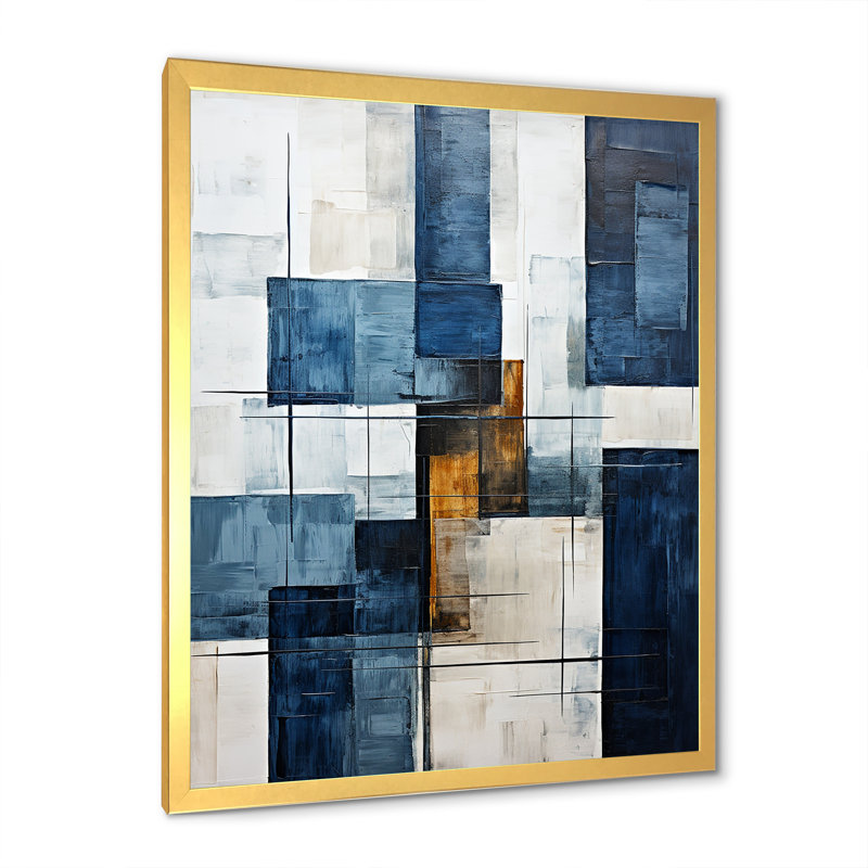 Indigo Illusion Abstract Shapes V - Abstract Shapes Wall Decor, Gold Single Picture Framed, 32" H x 24" W x 1" D