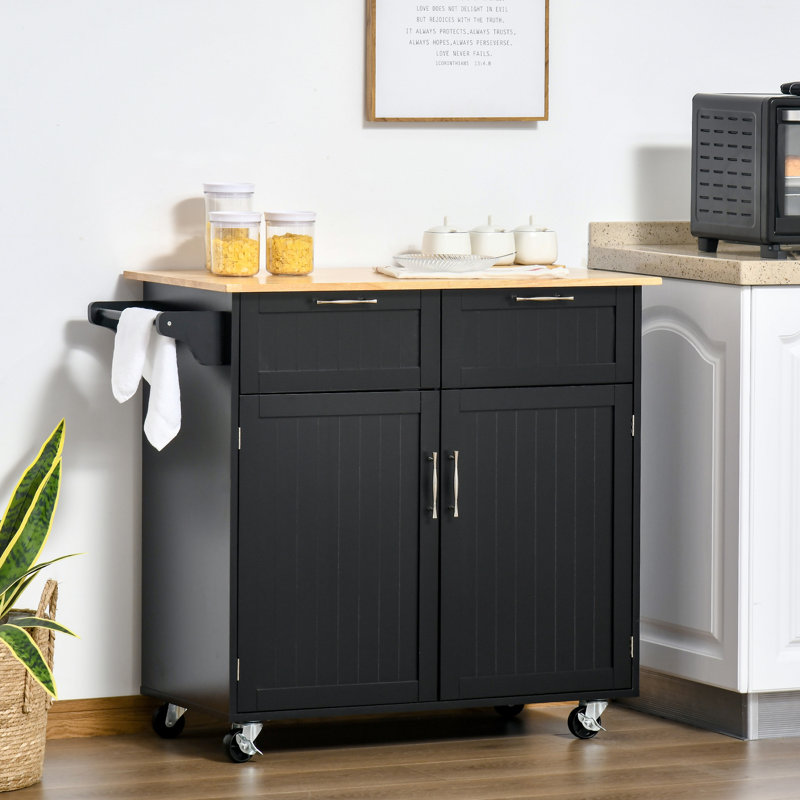 Chariot d'îlot de cuisine avec plateau en bois d'hévéa, chariot de service utilitaire, Noir 1 en double