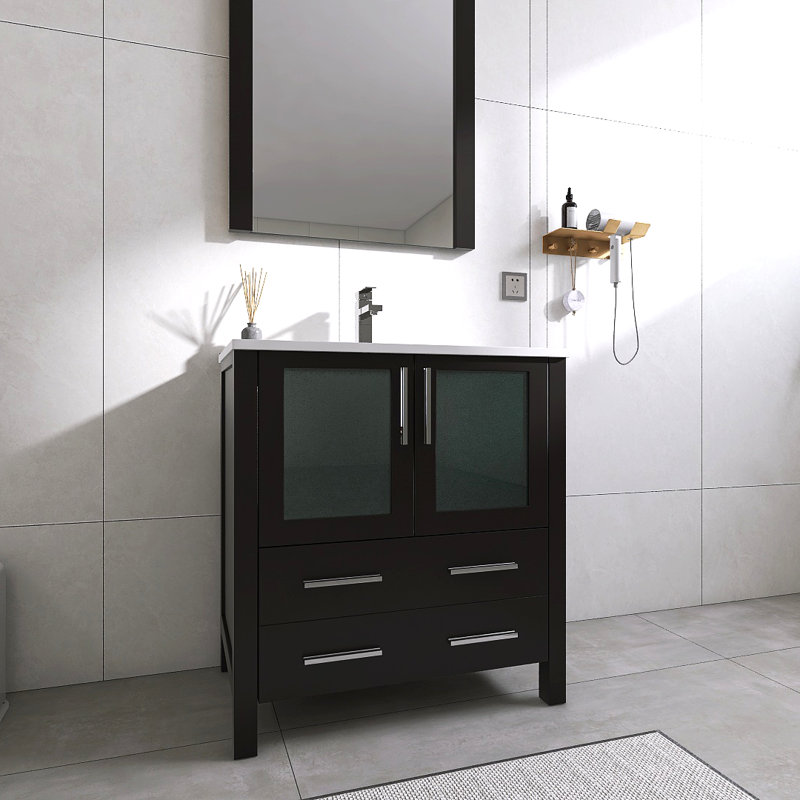 30" Single Bathroom Vanity with Ceramic Sink & Soft-Close Doors & Drawer- Solid Wood Frame & Easy-Clean Design, 30", Espresso