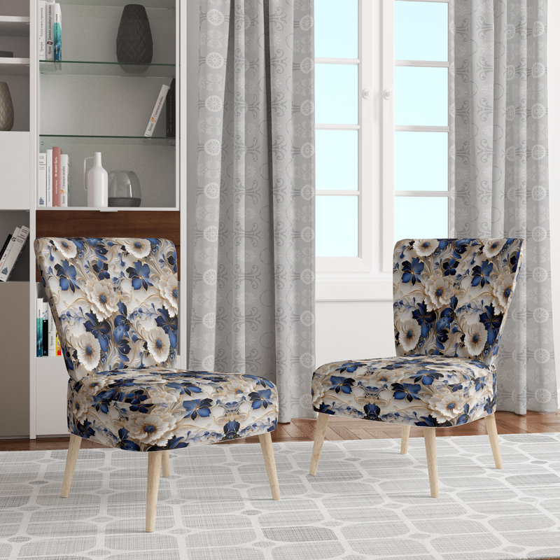Chaise d'appoint rembourrée Cottage A, Motif victorien en filigrane bleu de cobalt