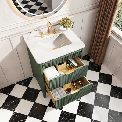 Ensemble de meuble-lavabo autoportant vert 30 po entièrement assemblé avec structure en bois massif et plateau en marbre d'ingénierie